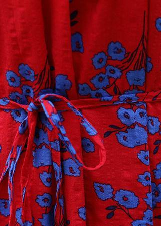 Simple Red Print Linen Cotton Clothes O Neck Sleeveless Drawstring Long Summer Dresses