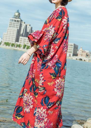 Simple Red Print Linen Cotton O Neck Flare Sleeve Long Summer Dresses