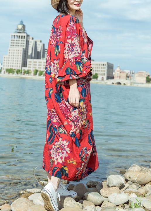 Simple Red Print Linen Cotton O Neck Flare Sleeve Long Summer Dresses