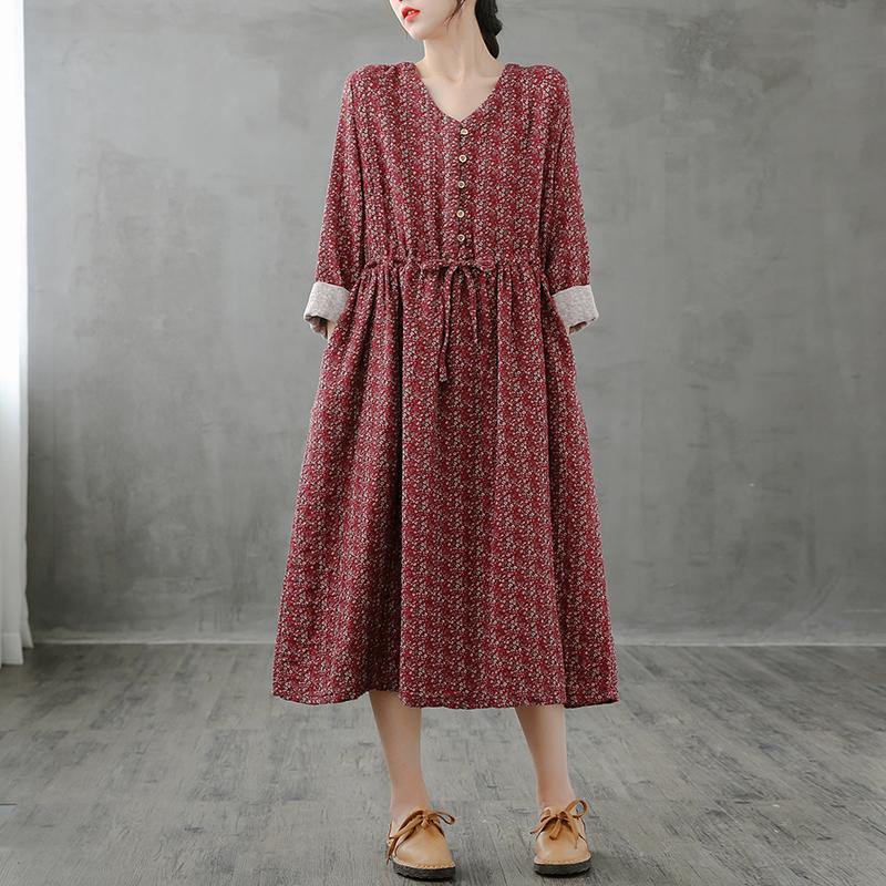 Simple Red Print Top Stand Collar Drawstring Fall Dress