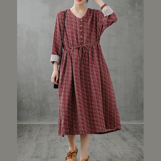 Simple Red Print Top Stand Collar Drawstring Fall Dress