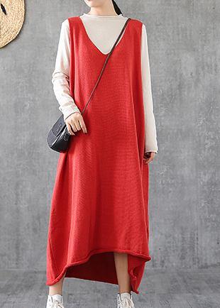 Simple Red Tunic Top V Neck Sleeveless Maxi Dress