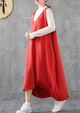 Simple Red Tunic Top V Neck Sleeveless Maxi Dress
