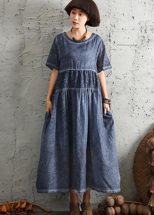 Simple Short Sleeve Linen Wardrobes Design Blue Patchwork Dress Summer