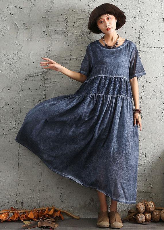 Simple Short Sleeve Linen Wardrobes Design Blue Patchwork Dress Summer