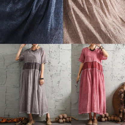 Simple Short Sleeve Linen Wardrobes Design Blue Patchwork Dress Summer
