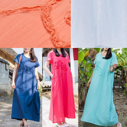Simple Sky Blue Cotton Linen Clothes for O Neck Pockets Summer Dresses