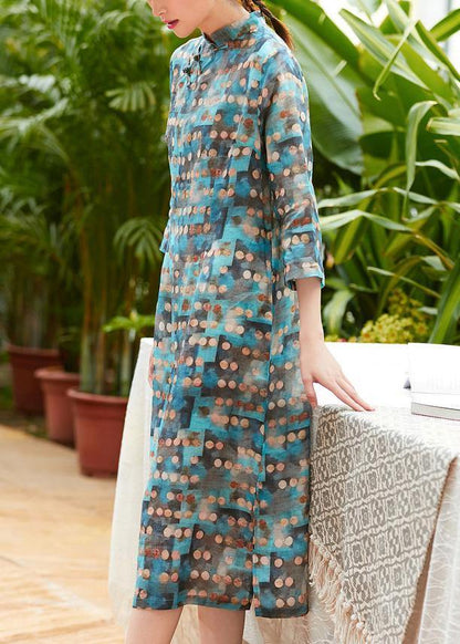 Simple Stand Collar Chinese Button Linen Wardrobes Pattern Blue Dotted Dresses Summer