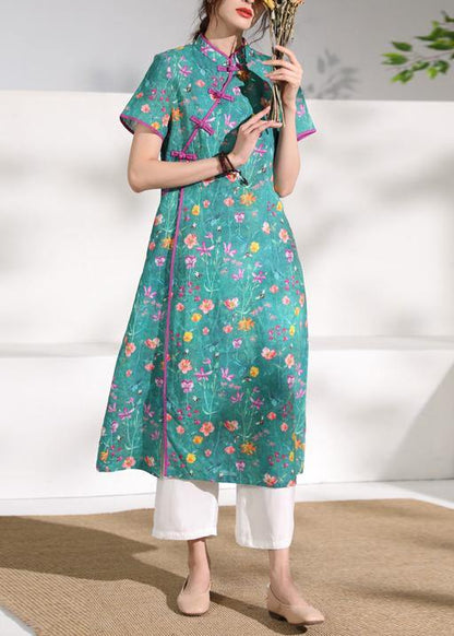 Simple Stand Collar Patchwork Linen Wardrobes Design Green Print Dresses