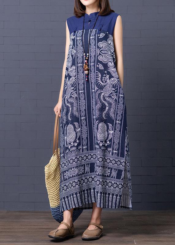Simple Stand Collar Summer Clothes for Shape Blue Print Loose Dresses
