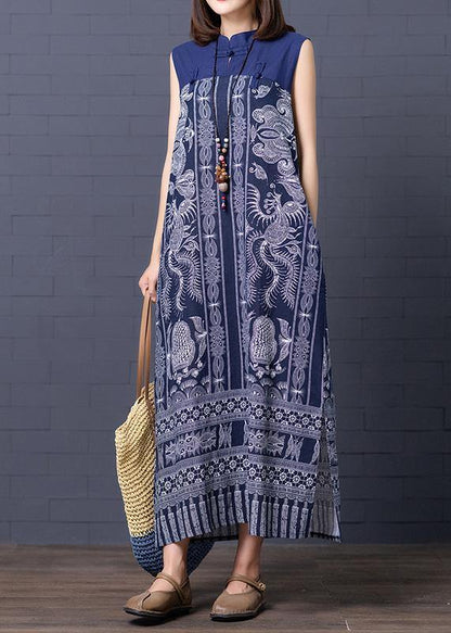 Simple Stand Collar Summer Clothes for Shape Blue Print Loose Dresses