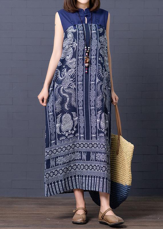 Simple Stand Collar Summer Clothes for Shape Blue Print Loose Dresses