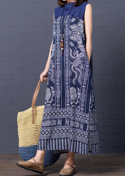 Simple Stand Collar Summer Clothes for Shape Blue Print Loose Dresses