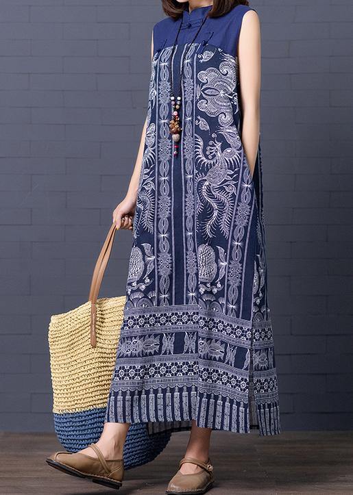 Simple Stand Collar Summer Clothes for Shape Blue Print Loose Dresses