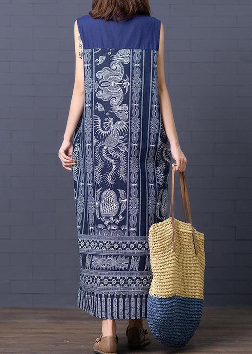 Simple Stand Collar Summer Clothes for Shape Blue Print Loose Dresses