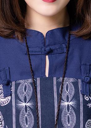 Simple Stand Collar Summer Clothes for Shape Blue Print Loose Dresses