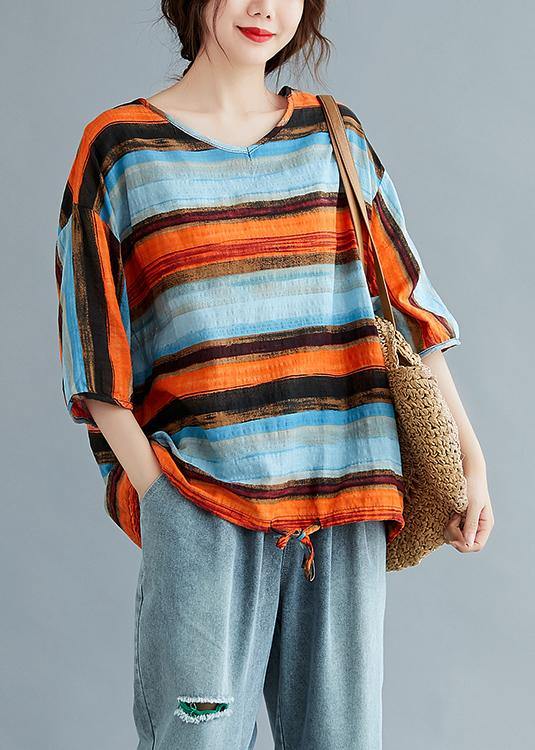 Simple Striped Linen Cotton Clothes Work Drawstring Summer Shirt
