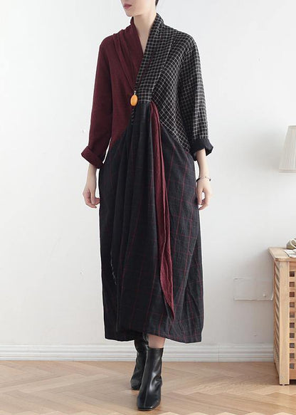 Simple V Neck Asymmetric Linen Dresses Wardrobes Red Patchwork Black Dresses Fall