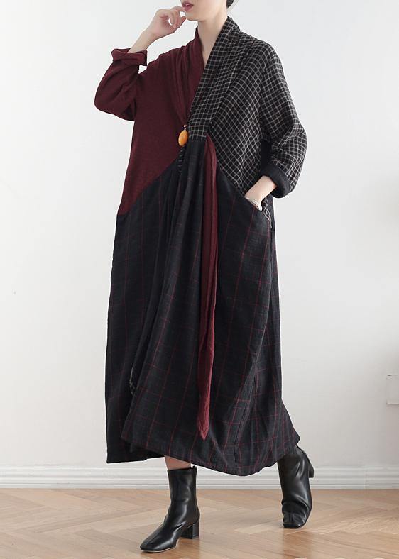 Simple V Neck Asymmetric Linen Dresses Wardrobes Red Patchwork Black Dresses Fall