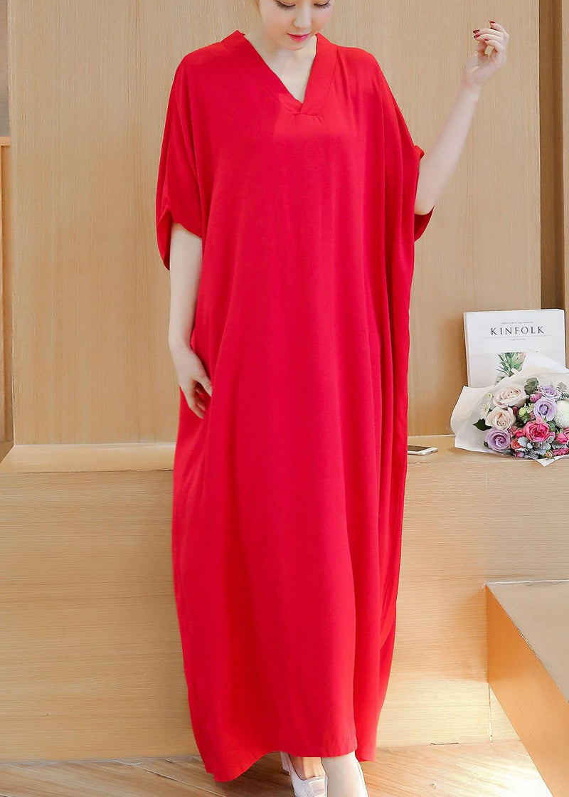 Simple V Neck Baggy Cotton Summer Quilting Dresses Runway Rose Maxi Dress