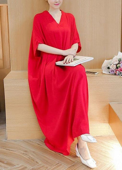 Simple V Neck Baggy Cotton Summer Quilting Dresses Runway Rose Maxi Dress