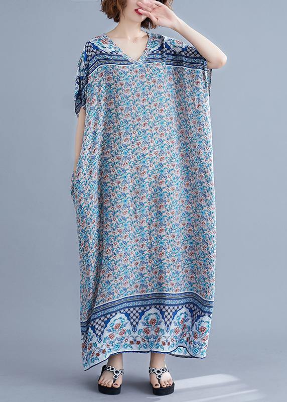 Simple V Neck Batwing Sleeve Dresses Blue Art Dress Summer