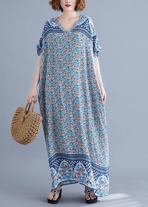 Simple V Neck Batwing Sleeve Dresses Blue Art Dress Summer