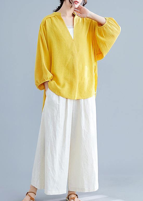 Simple V Neck Batwing Sleeve Linen Crane Tops Yellow Oversized Blouses Summer