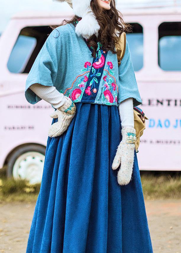 Simple V Neck Cotton Embroidery Clothes Tutorials Blue Art Dresses