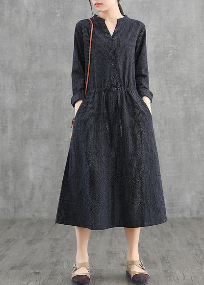 Simple V Neck Drawstring Cotton Soft Surroundings Neckline Khaki Striped Dress