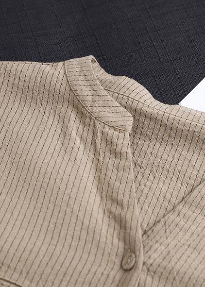 Simple V Neck Drawstring Cotton Soft Surroundings Neckline Khaki Striped Dress