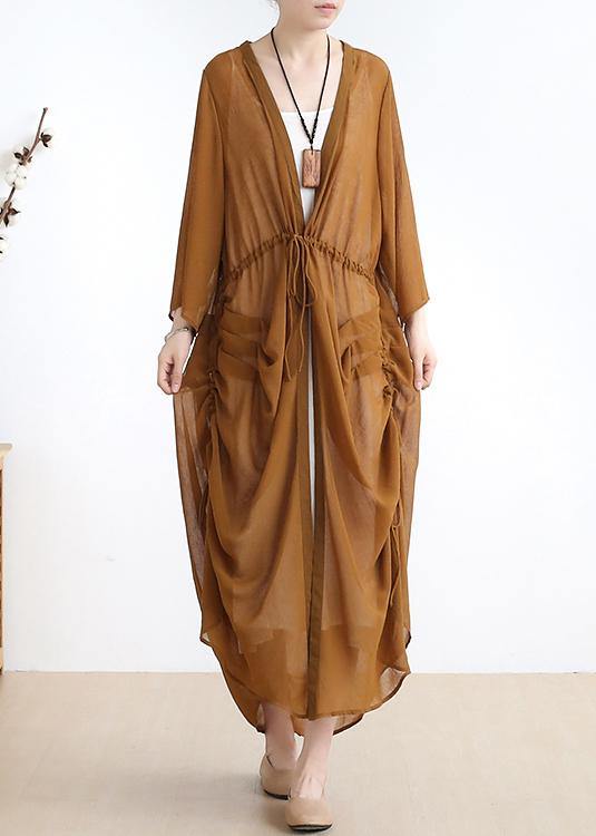 Simple V Neck Drawstring Outfit Design Yellow Long Dress