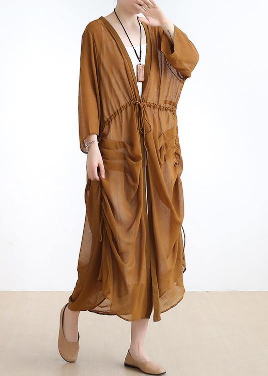 Simple V Neck Drawstring Outfit Design Yellow Long Dress