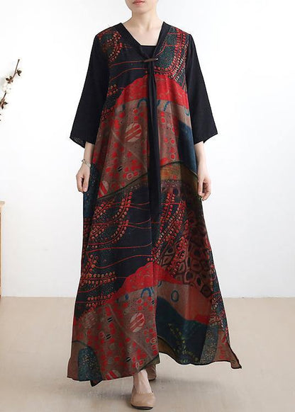 Simple V Neck Half Sleeve Chiffon Summer Robes Fine Wardrobes Red Print a Line Dress