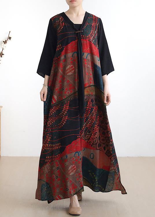 Simple V Neck Half Sleeve Chiffon Summer Robes Fine Wardrobes Red Print a Line Dress