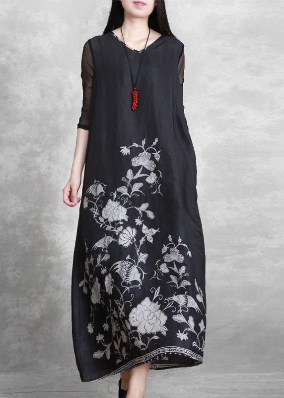 Simple V Neck Half Sleeve Summer Outfit Catwalk Black Print Dress
