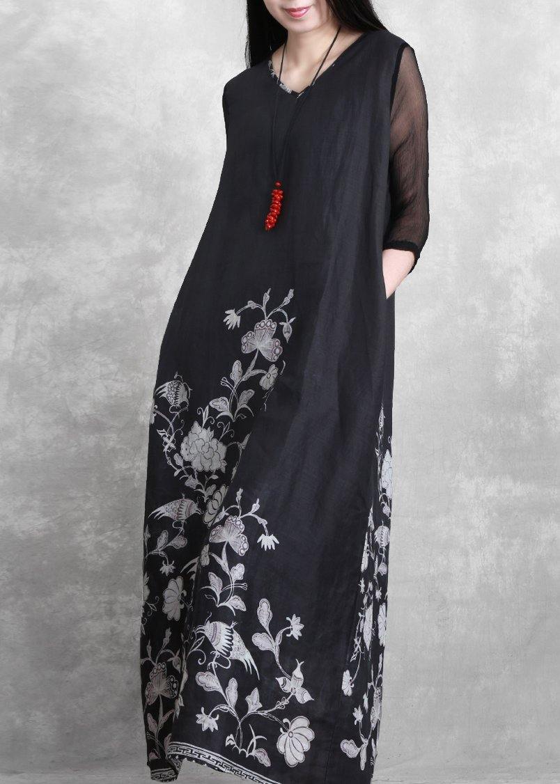 Simple V Neck Half Sleeve Summer Outfit Catwalk Black Print Dress