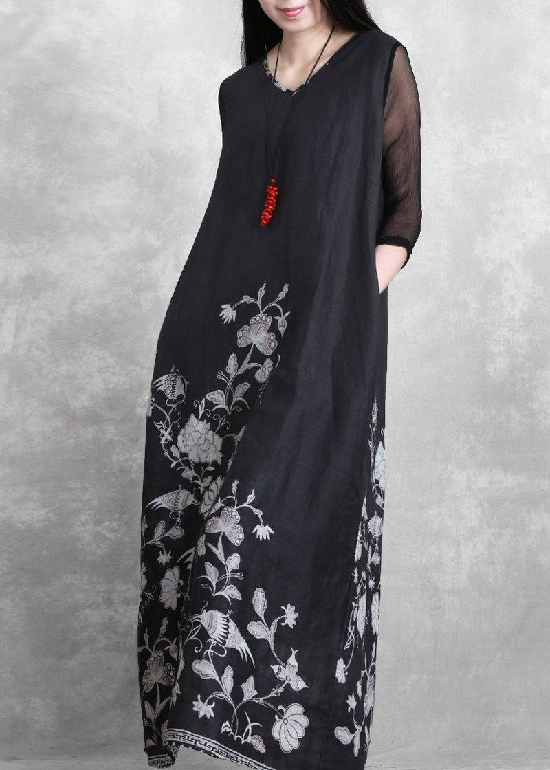 Simple V Neck Half Sleeve Summer Outfit Catwalk Black Print Dress