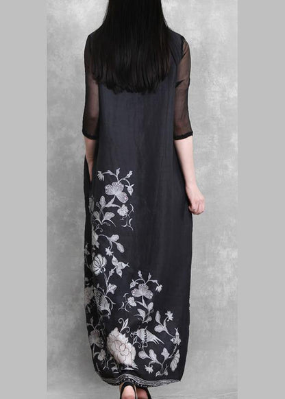 Simple V Neck Half Sleeve Summer Outfit Catwalk Black Print Dress