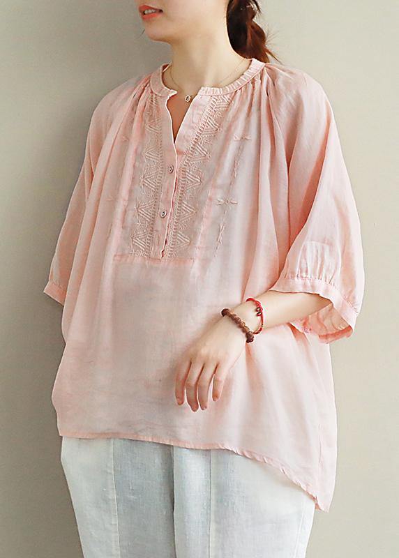 Simple V Neck Lantern Sleeve Linen Top Silhouette Ideas Pink Embroidery Shirt