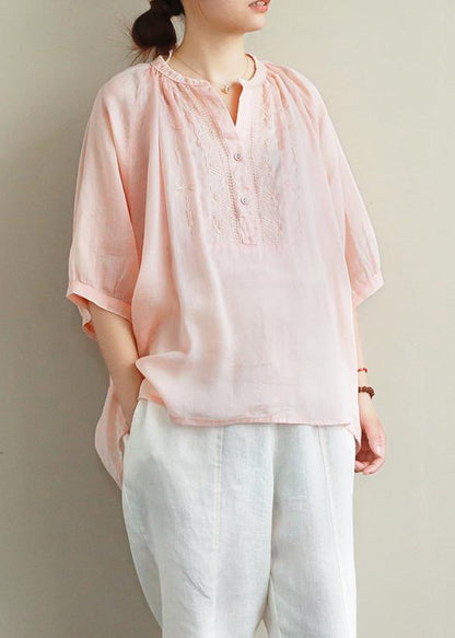 Simple V Neck Lantern Sleeve Linen Top Silhouette Ideas Pink Embroidery Shirt