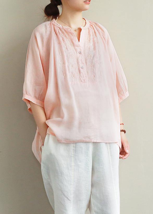 Simple V Neck Lantern Sleeve Linen Top Silhouette Ideas Pink Embroidery Shirt