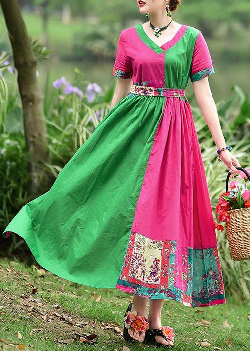 Simple V Neck Patchwork Cotton Dresses Shape Red Green Print Cotton Dresses Summer