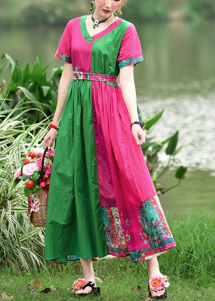 Simple V Neck Patchwork Cotton Dresses Shape Red Green Print Cotton Dresses Summer