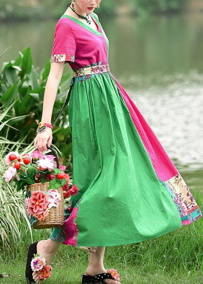Simple V Neck Patchwork Cotton Dresses Shape Red Green Print Cotton Dresses Summer