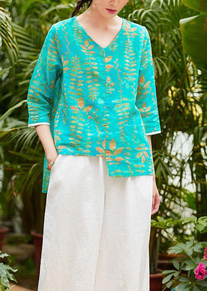 Simple V Neck Patchwork Linen Box Top Fabrics Green Prints Blouses Summer