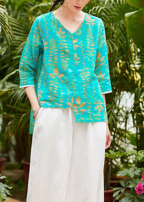 Simple V Neck Patchwork Linen Box Top Fabrics Green Prints Blouses Summer