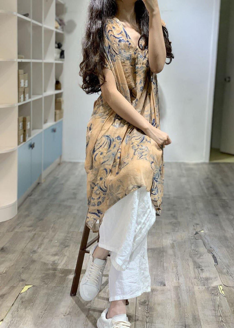 Simple V Neck Prints Linen Clothes Side Open Loose Dress