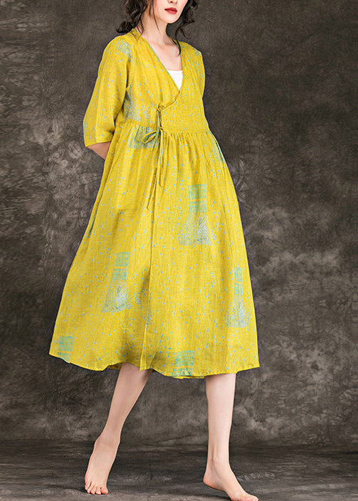 Simple V Neck Tie Waist Chiffon Clothes Runway Yellow Print Short Dress Summer