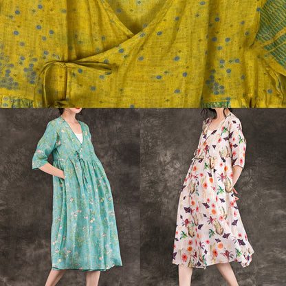 Simple V Neck Tie Waist Chiffon Clothes Runway Yellow Print Short Dress Summer